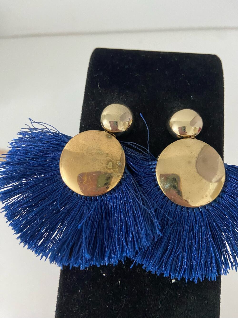 Dark blue fringe earrings gold tone
